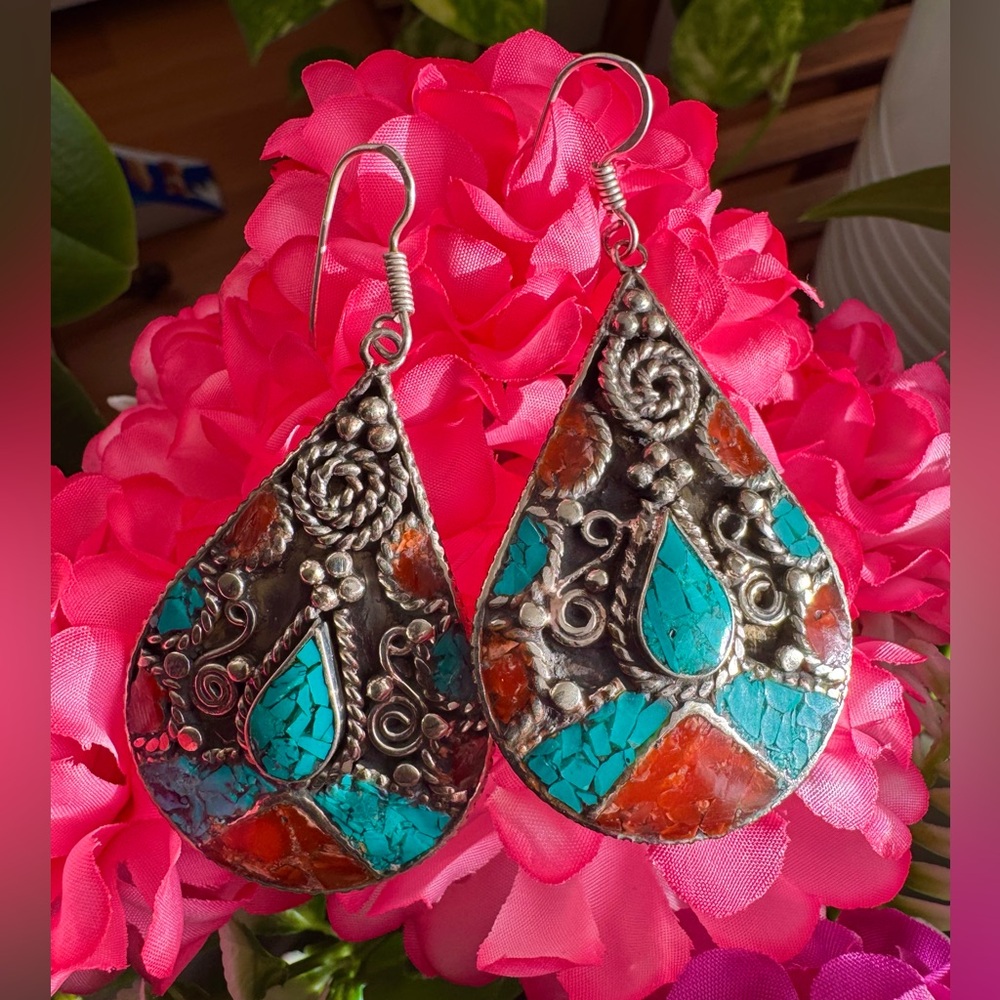 Vintage Bohemian Dangle Teardrop Earrings with Coral,Turquoise Set In Silver 21g